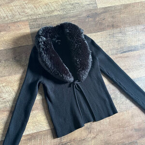 Women's Art Class Black Ribbed Cardigan with Faux Fur Collar XL